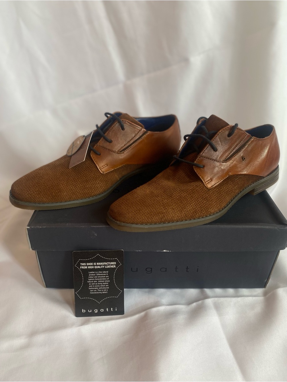 Bugatti Menello Mens Leather Dress Shoes Cognac Brown Oxford Derby Size 9 NIB